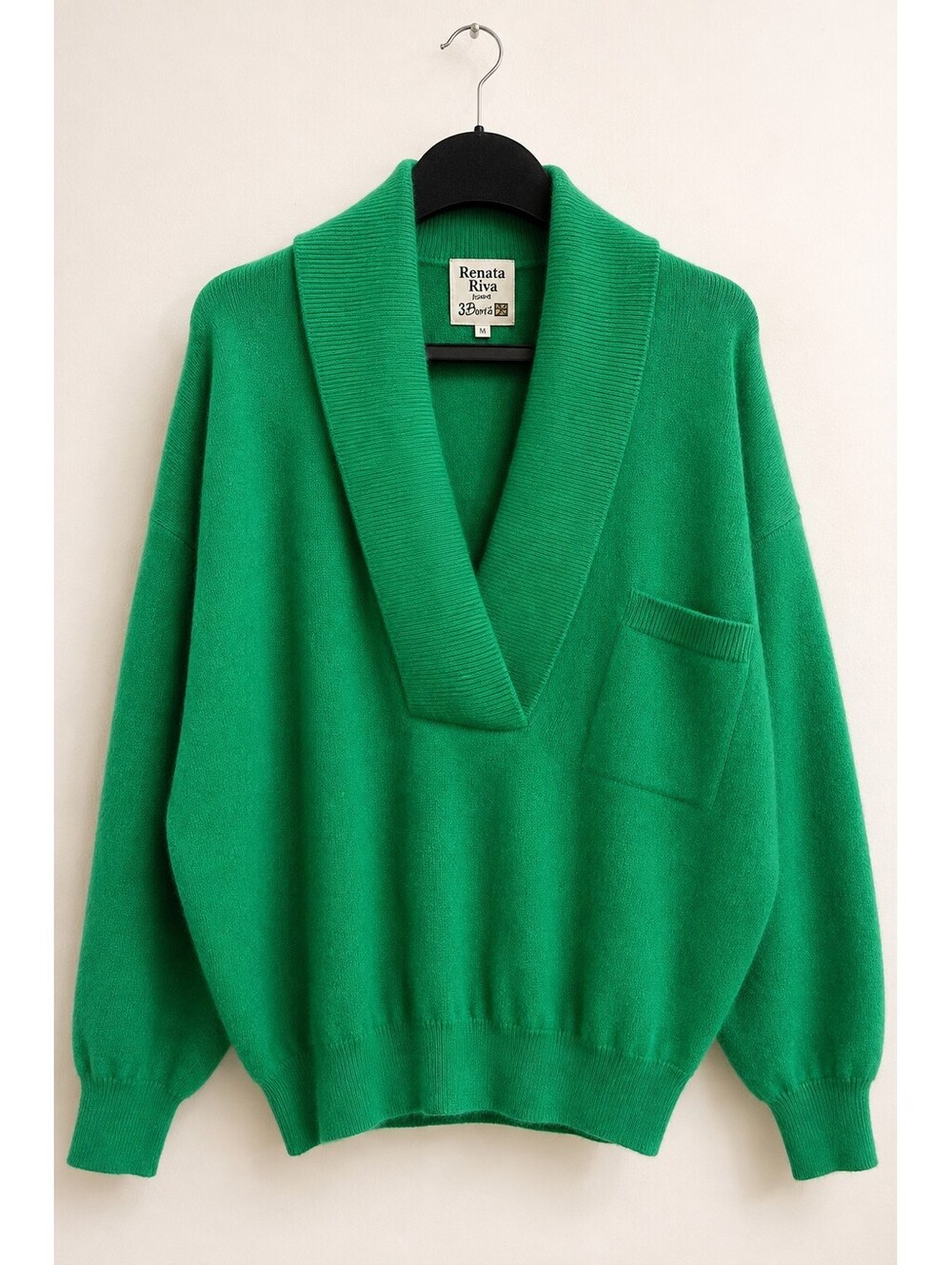 Vintage Renata Riva M Green 100% Lambswool Shawl Collar Sweater